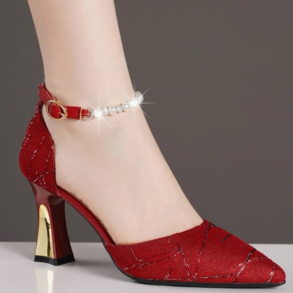 RED GOLD PEARL ANKLE STRAP FESTIVE HOT GLITTER EMBROIDERY LUXURY HEELS - Picture 4 of 4